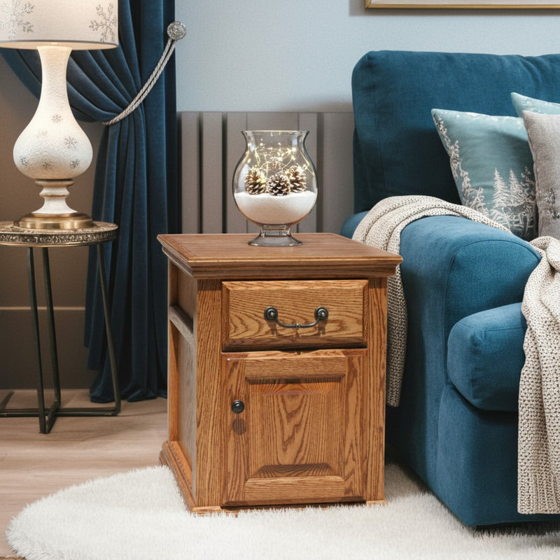 Traditional Oak End Table O-T250 in a winter-themed room with pinecone decor, emphasizing its classic design and solid wood build.