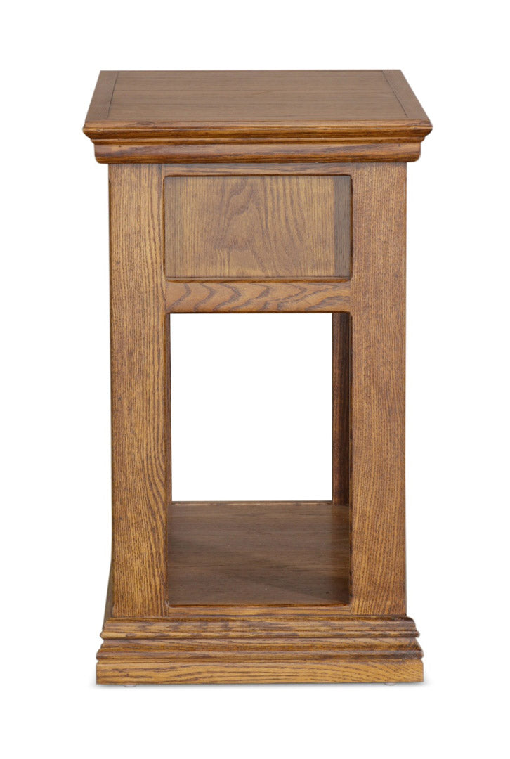 Side view of Traditional A-T251 Alder Chairside Table showcasing solid alder wood construction and elegant molding details.