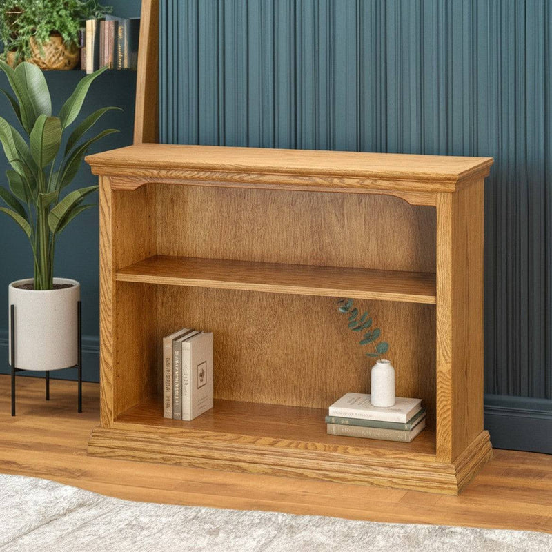 Solid oak bookshelf with multiple shelves, suitable for furniture and wall storage in living spaces