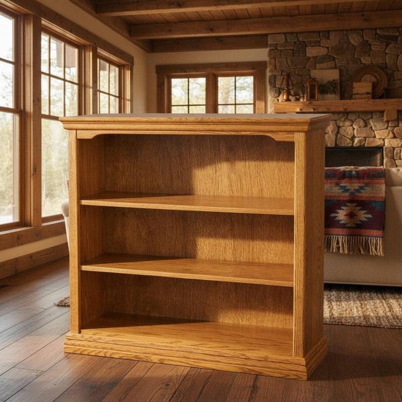 Traditional oak open bookcase with adjustable shelves, made in USA for furniture and shelving categories
