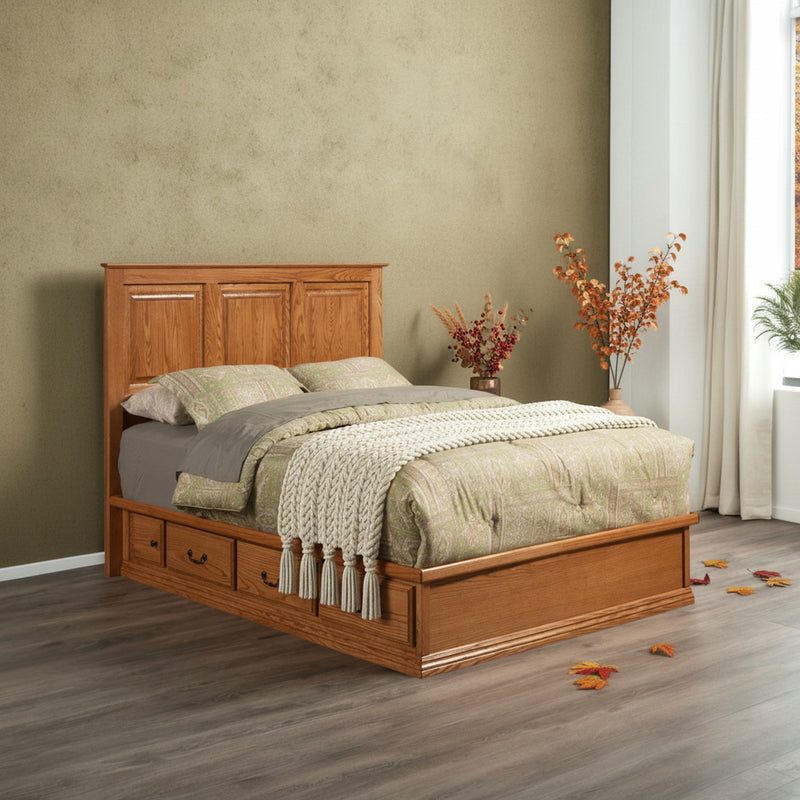 Traditional T456 Low Pedestal Platform bed in oak with pedestal storage, styled in an autumn-themed bedroom with warm tones and cozy textures.