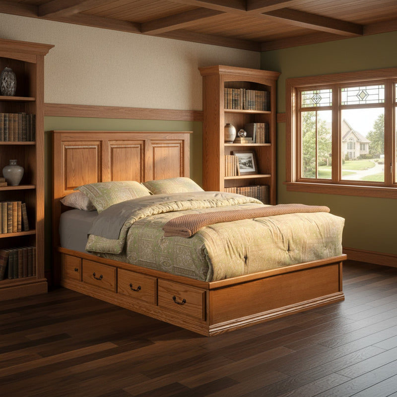 Traditional T456 Low Pedestal Platform bed in oak finish with 6 drawers, placed in a traditional study-style bedroom with built-in bookcases.