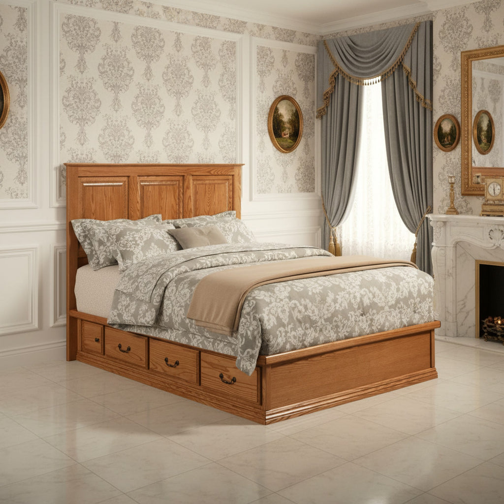 Traditional T456 Low Pedestal Platform bed in oak finish with 6 deep drawers, styled in a classic bedroom with damask wallpaper and fireplace.