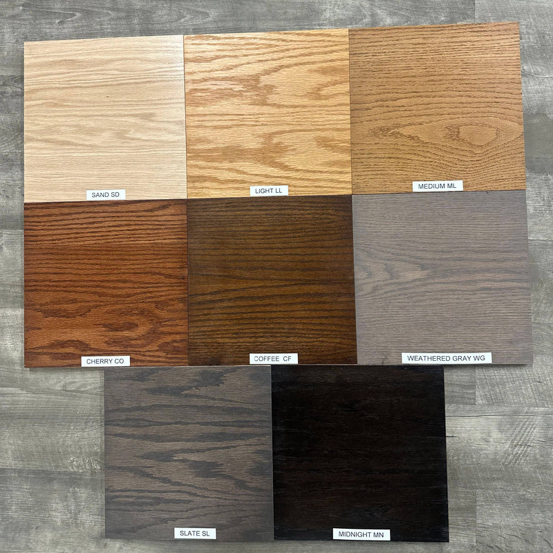 Sample wood finish options for traditional oak furniture including sand, light, medium, cherry, coffee, weathered gray, slate, and midnight