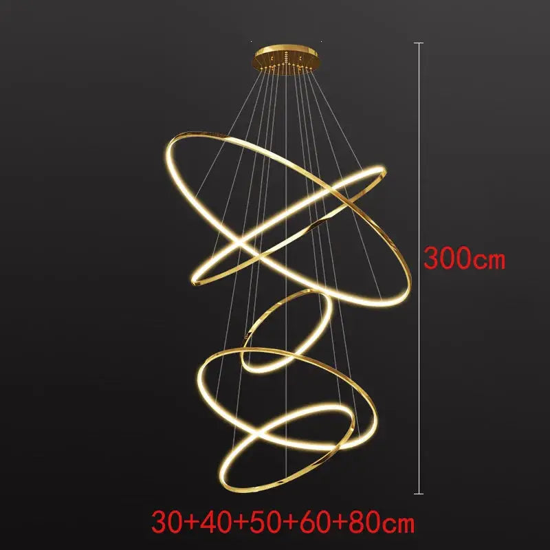 300cm gold spiral pendant light with five LED ring sizes, designed for Nordic staircases and elegant indoor lighting decor.
