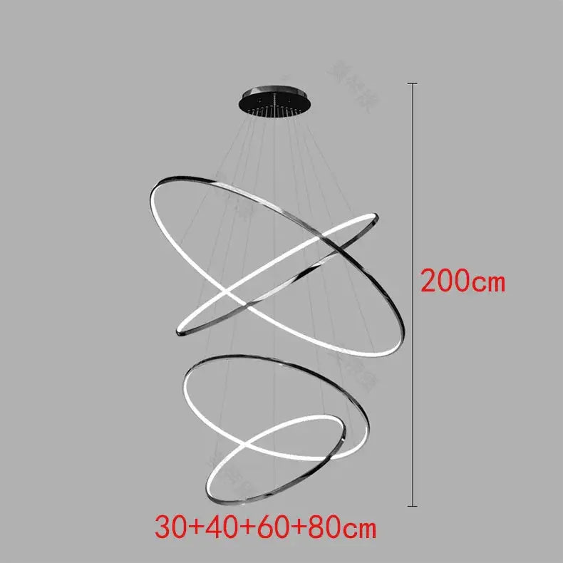 200cm black spiral LED chandelier with four ring sizes, suitable for Nordic home staircases and modern ceiling lighting.