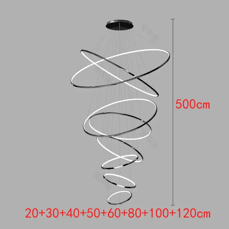 500cm black spiral chandelier with eight LED rings, designed for Nordic staircases and large modern living spaces.
