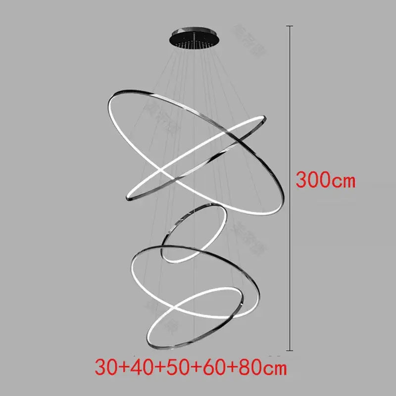 300cm black spiral pendant light with five LED rings, ideal for Nordic stair lighting and contemporary home interiors.