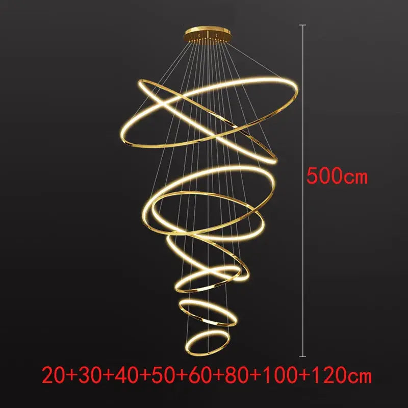 500cm gold spiral LED chandelier with eight ring sizes, ideal for Nordic stair lighting and luxurious indoor home decor.