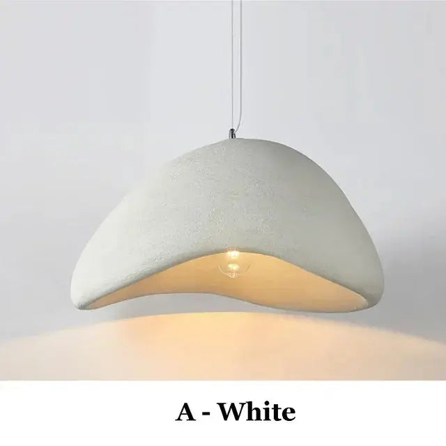 White Wabi Sabi pendant light style A with asymmetrical organic shape. LED ceiling lamp perfect for modern minimalist home decor.