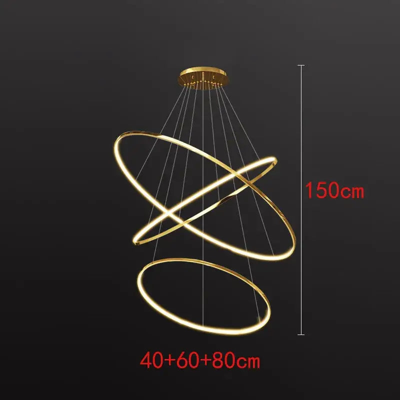 Modern Nordic pendant chandelier in gold finish with 3 LED rings, 150cm height, ideal for living room or dining room lighting.