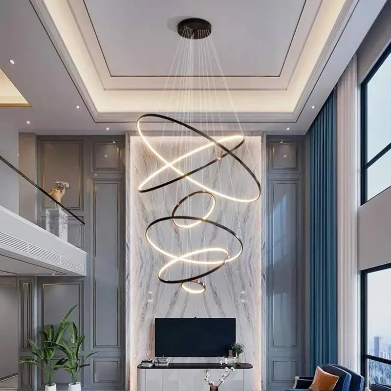 Contemporary Nordic chandelier with spiral LED rings, enhancing indoor lighting in living rooms and dining areas with stylish design.