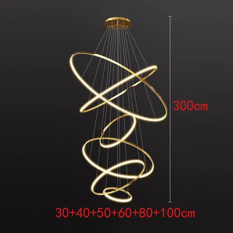 300cm gold spiral chandelier with six LED rings, enhancing Nordic home interiors with elegant stair and ceiling lighting.