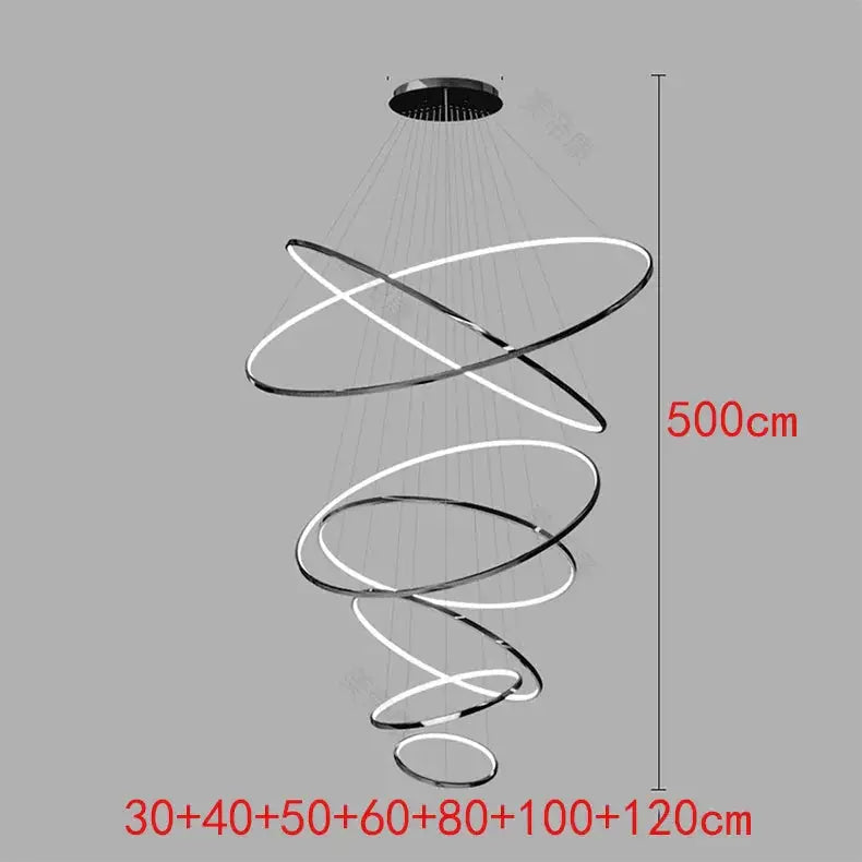 Nordic home decoration stair chandelier with spiral LED pendant lights in brushed stainless finish, 500cm height for large indoor spaces.
