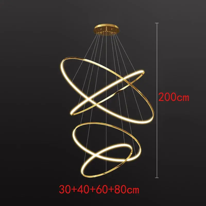 Elegant Nordic ceiling light with 4 gold LED rings, 200cm height, perfect for staircases and contemporary home interiors.