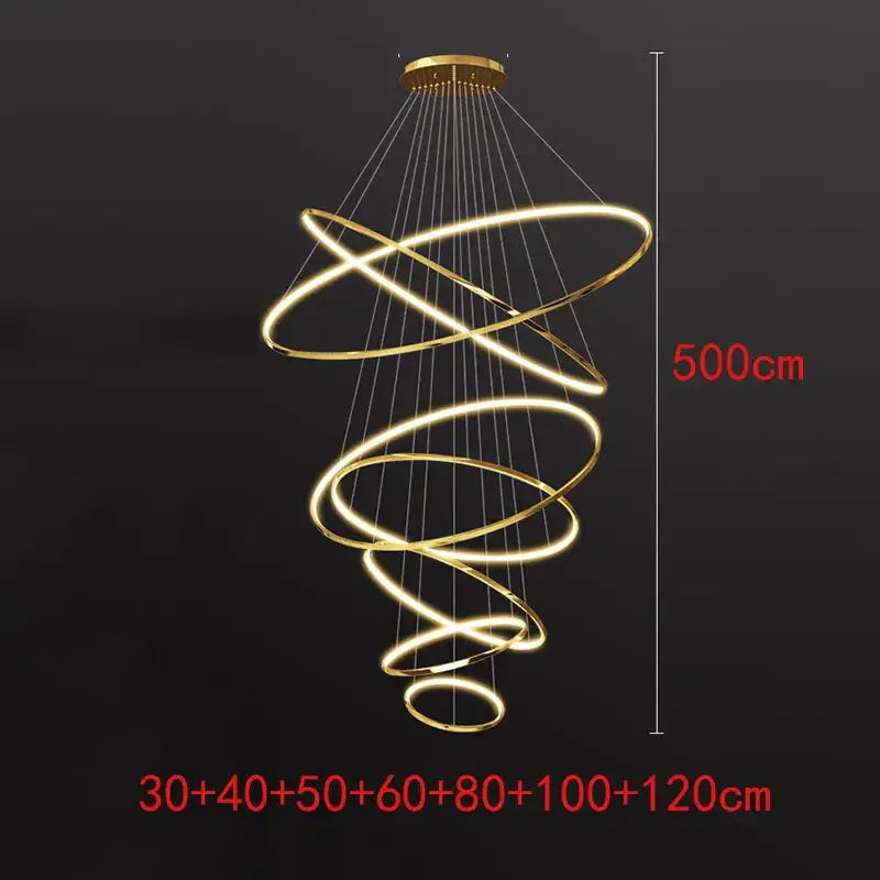 500cm gold spiral LED chandelier with seven ring sizes for Nordic stair lighting, ideal for large indoor spaces and modern homes.