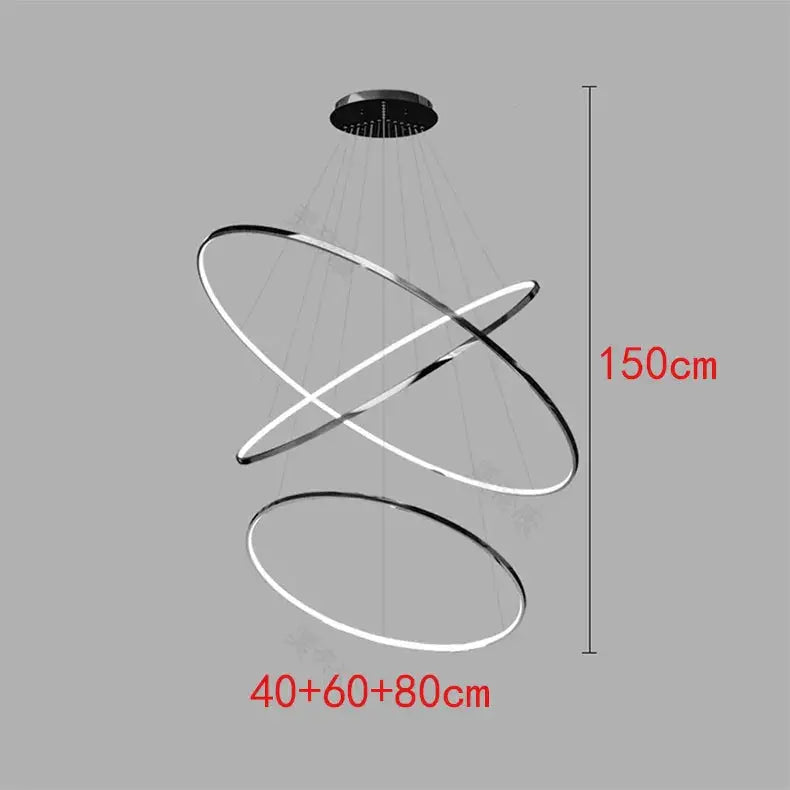 150cm black LED chandelier with three circular rings, perfect for Nordic-style ceiling lighting in compact indoor spaces.