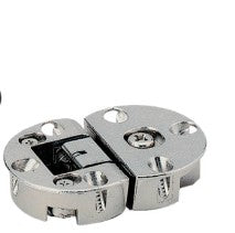 Nickel finish Drop-Down Hinge-Sugatsune for computer desks, 90-degree opening with 2-way adjustment and flush fit when opened.