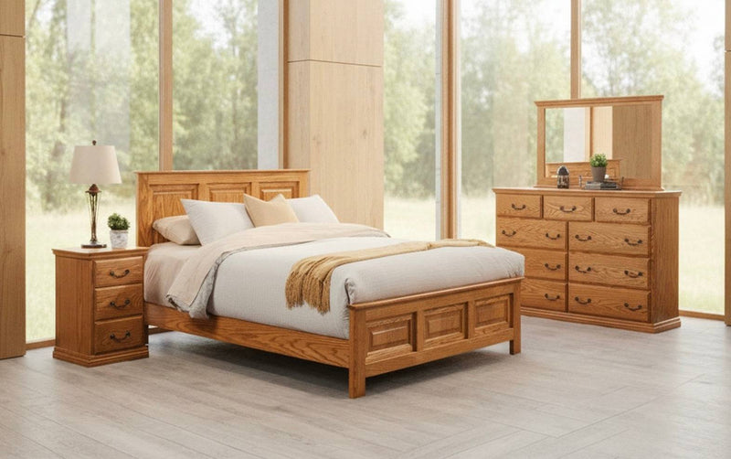 Traditional Oak Eastern KING O-T470-EK Bedroom Set in a bright room with natural light, includes oak king bed, matching nightstand, and dresser with mirror.