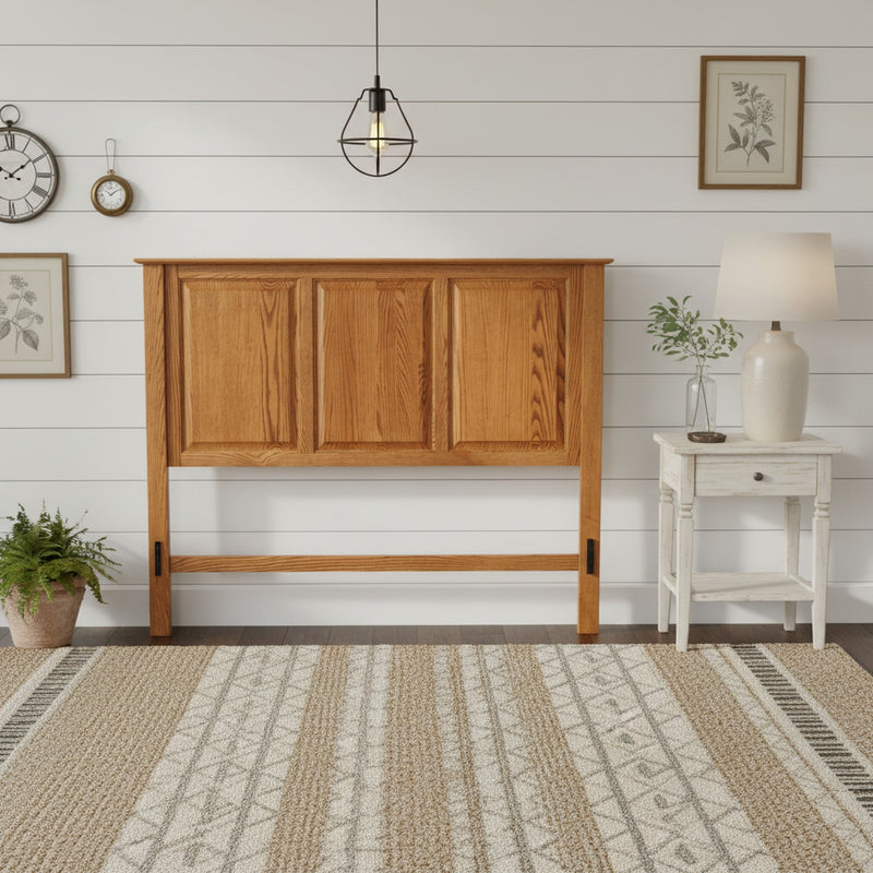 Traditional T471 Solid Oak Flat Panel Headboard ONLY with 3 raised panels in natural oak finish, shown in a farmhouse-style bedroom setting.