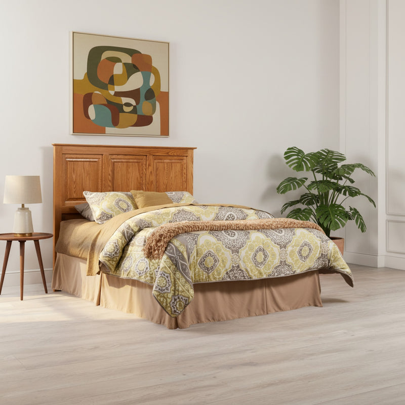 Traditional T471 Solid Oak Flat Panel Headboard ONLY in a spacious bedroom with mid-century decor and a large leafy plant for added warmth.