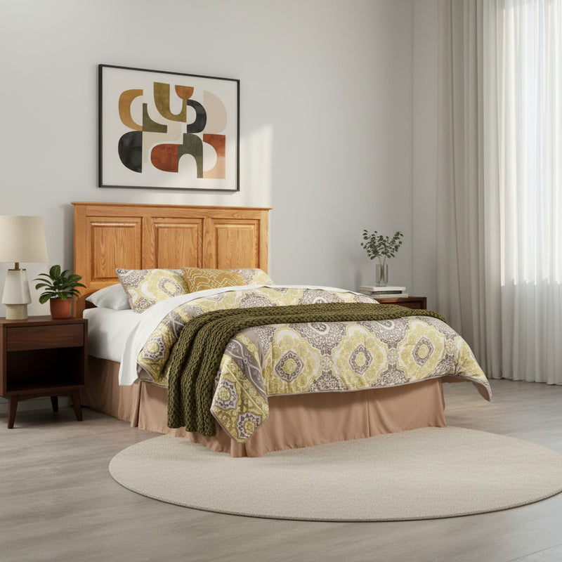 Traditional T471 Solid Oak Flat Panel Headboard ONLY featured in a modern bedroom with abstract wall art and soft natural lighting.