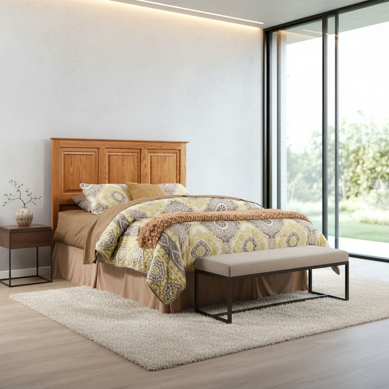 Traditional T471 Solid Oak Flat Panel Headboard ONLY styled with a bench and neutral decor, perfect for traditional and transitional bedroom themes.