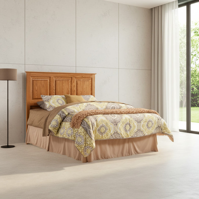 Traditional T471 Solid Oak Flat Panel Headboard ONLY in a bright modern bedroom with large windows and beige bedding for a warm, inviting look.