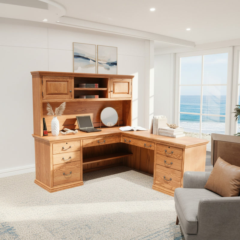 Traditional T641 Office Desk & Return in a bright, ocean-facing room, styled with neutral decor and ample workspace.