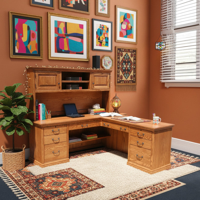 Traditional T641 Office Desk & Return in a vibrant, eclectic room with colorful wall art and rug, showcasing its versatility.