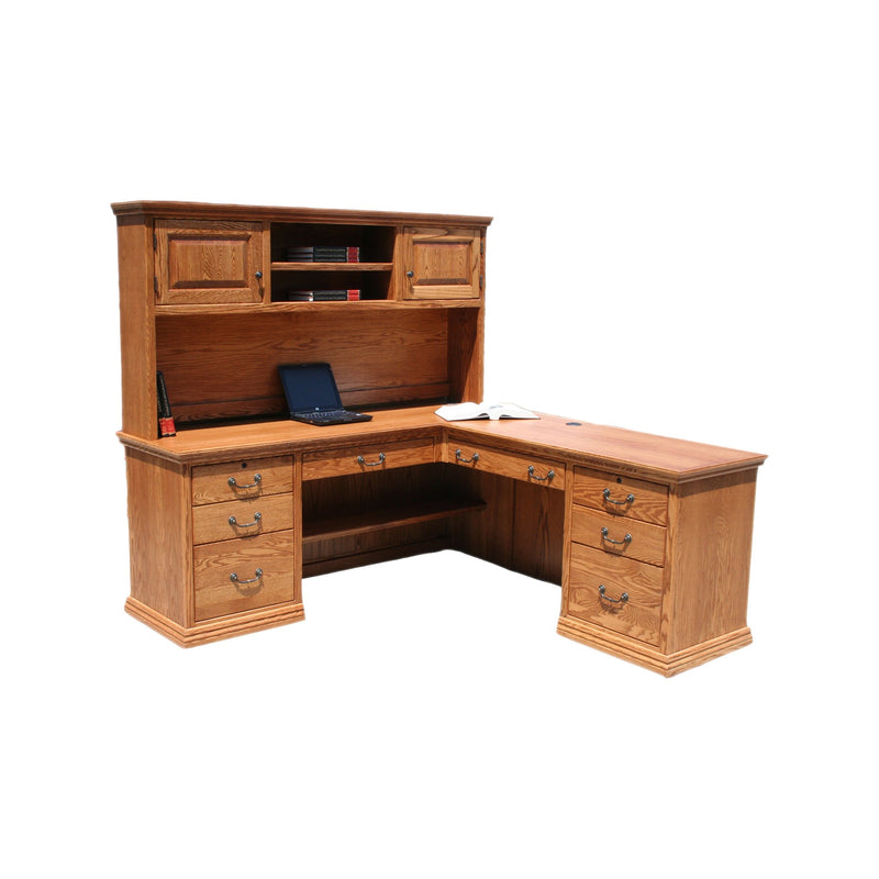 Studio view of Traditional T641 Office Desk & Return with hutch, showing L-shaped layout and detailed drawer fronts.