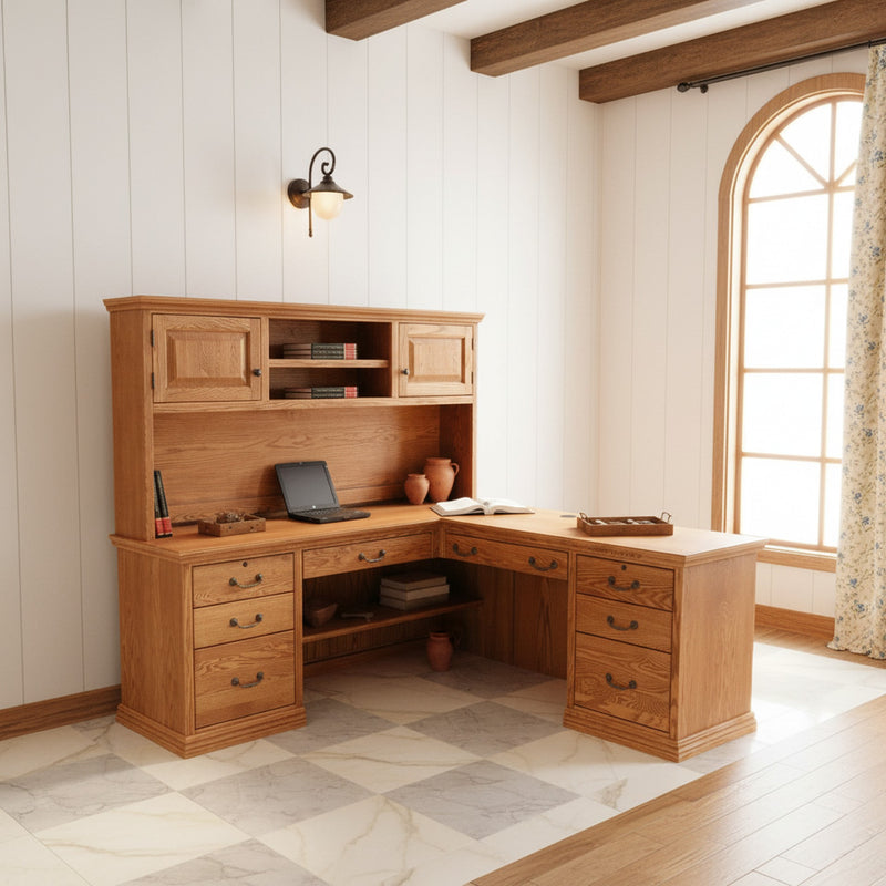 Traditional T641 Office Desk & Return with hutch in a bright office space, showcasing ample drawer storage and legroom.