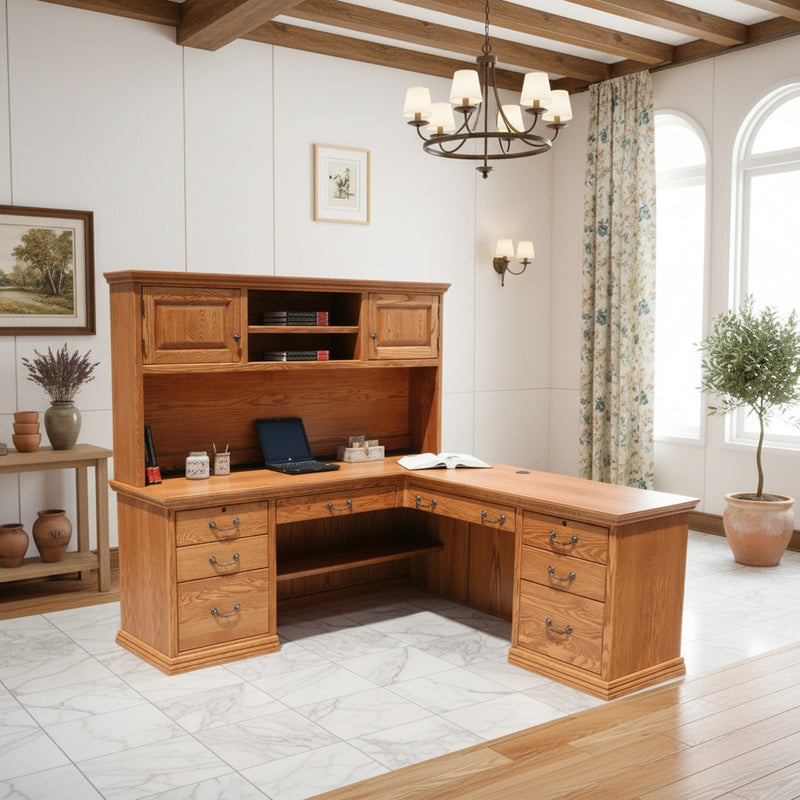 Traditional T641 Office Desk & Return in L-shape with solid wood construction, 4 utility drawers, and hutch in a classic home office setting.