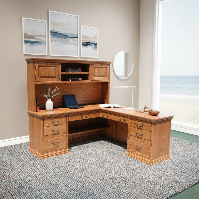 Traditional T641 Office Desk & Return in a coastal-themed room with ocean view, emphasizing its solid wood build and classic style.