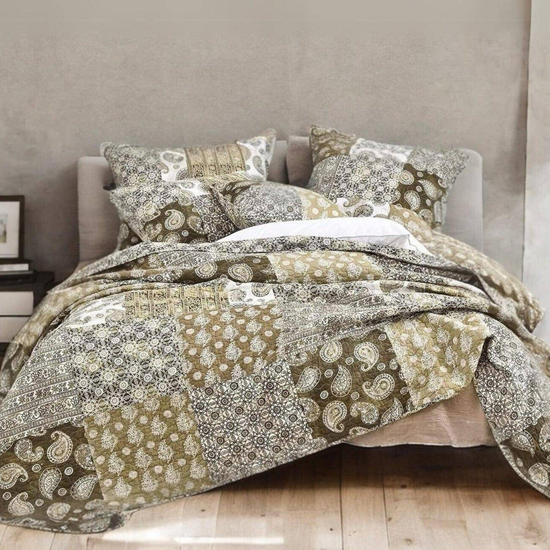 DaDa Bedding Bohemian Olive Brown Moroccan Paisley Floral Filigree Patchwork Cotton Bedspread Set (JHW-885)