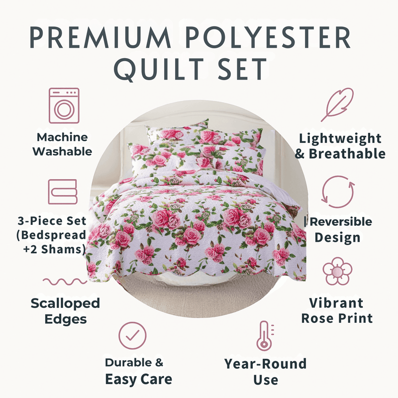 DaDa Bedding Romantic Roses Lovely Spring Pink Floral Quilted Scalloped Bedspread Set (JHW879)