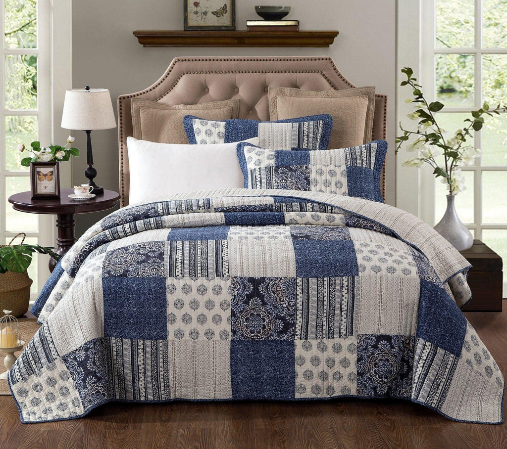 DaDa Bedding Bohemian Denim Blue Elegance Patchwork Cotton Bedspread Set (JHW-660)