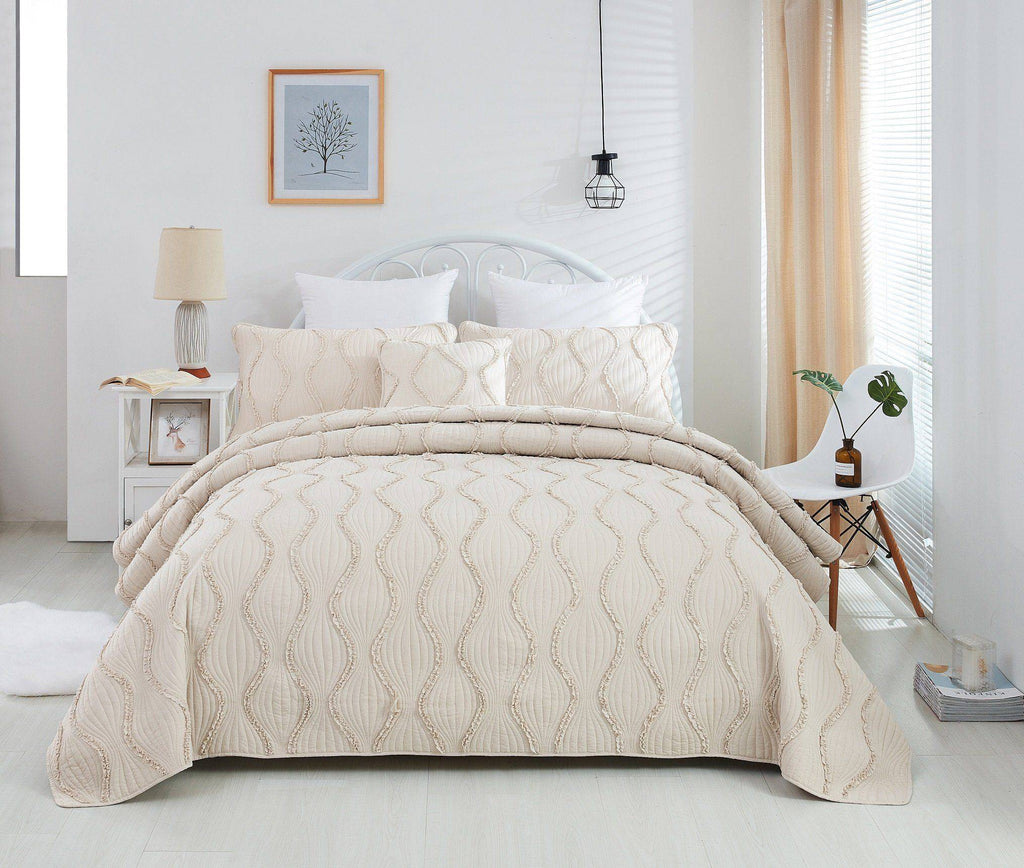 DaDa Bedding Soft Charming French Country Ruffles Quilted Cotton Bedspread Set - Ivory Cream Tan (JHW873)