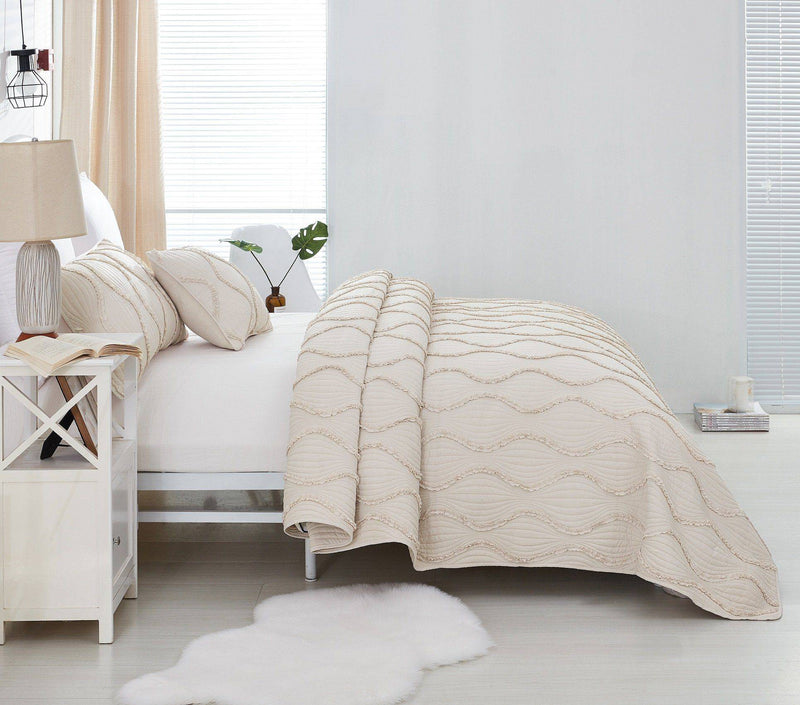 DaDa Bedding Soft Charming French Country Ruffles Quilted Cotton Bedspread Set - Ivory Cream Tan (JHW873)