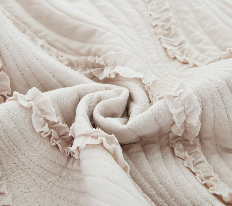 DaDa Bedding Soft Charming French Country Ruffles Quilted Cotton Bedspread Set - Ivory Cream Tan (JHW873)