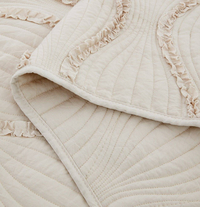 DaDa Bedding Soft Charming French Country Ruffles Quilted Cotton Bedspread Set - Ivory Cream Tan (JHW873)