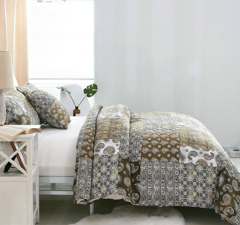 DaDa Bedding Bohemian Olive Brown Moroccan Paisley Floral Filigree Patchwork Cotton Bedspread Set (JHW-885)