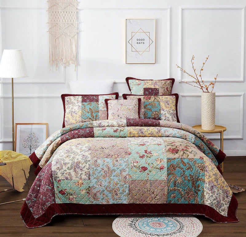 DaDa Bedding Bohemian Burgundy Red Velvet Trim Floral Paisley Patchwork Cotton Bedspread Set (JHW-868)