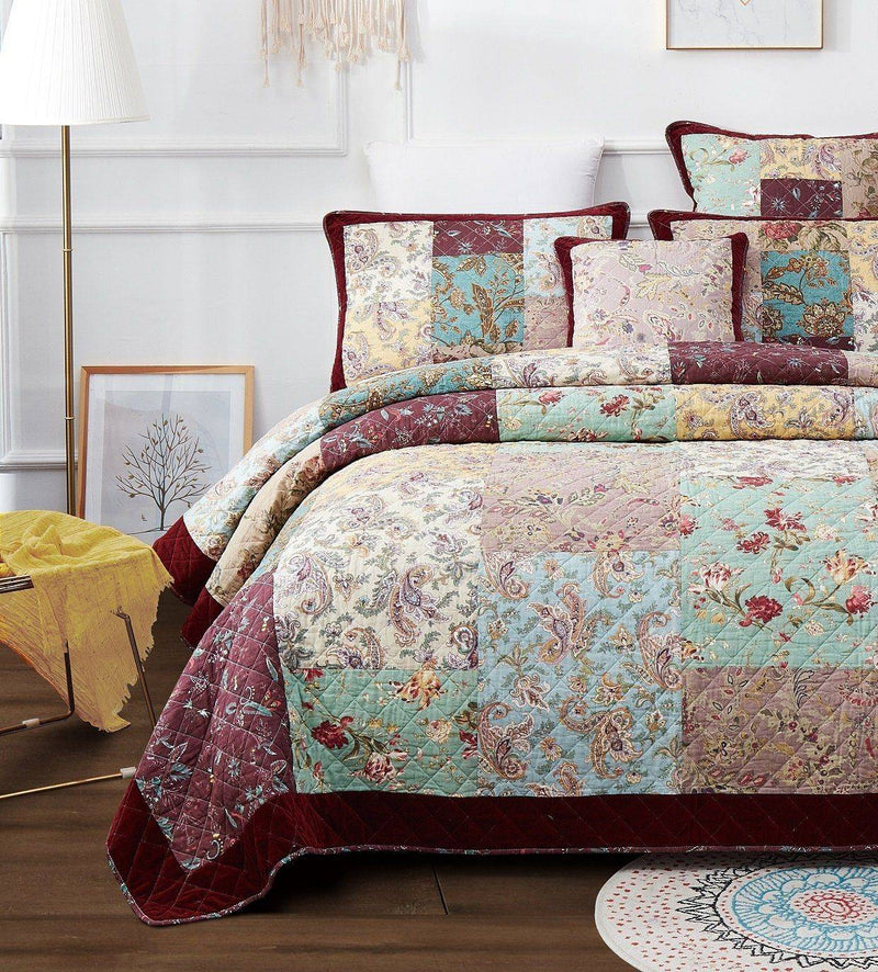 DaDa Bedding Bohemian Burgundy Red Velvet Trim Floral Paisley Patchwork Cotton Bedspread Set (JHW-868)