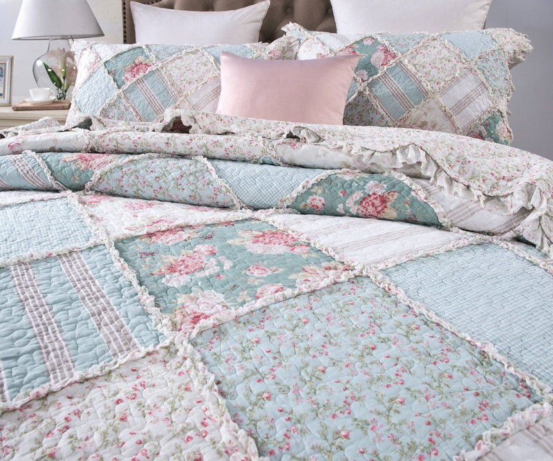 DaDa Bedding Hint of Mint Floral Pastel Cotton Patchwork Ruffle Bedspread Set (JHW-3036)