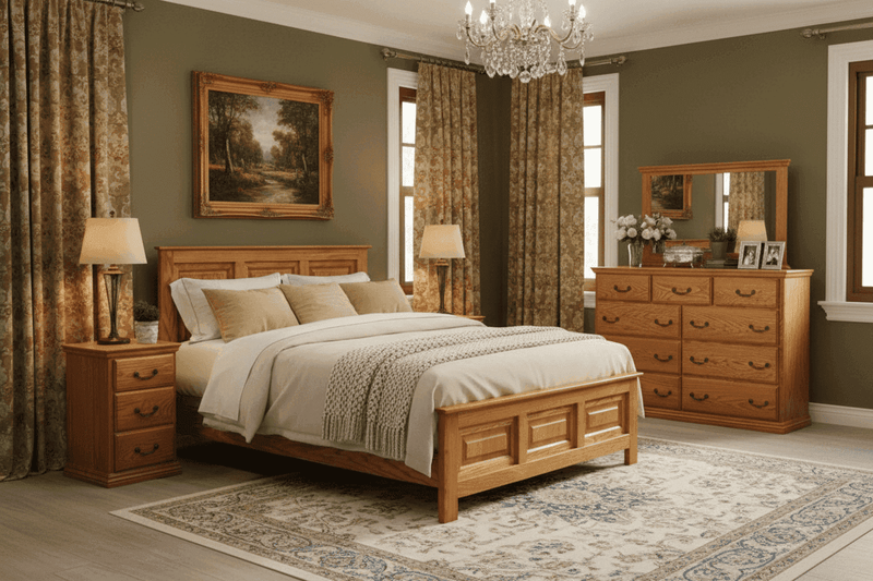 Traditional Oak Eastern KING O-T470-EK Bedroom Set in a classic room with drapes and chandelier, showcasing oak bed, dresser, and nightstand ensemble.