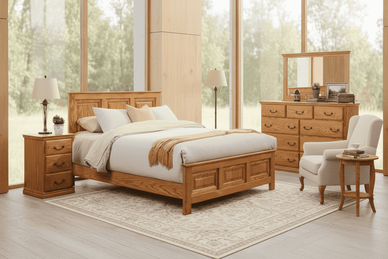Traditional Oak Eastern KING O-T470-EK Bedroom Set in a modern room with large windows, featuring solid oak bed, nightstand, and dresser with mirror.