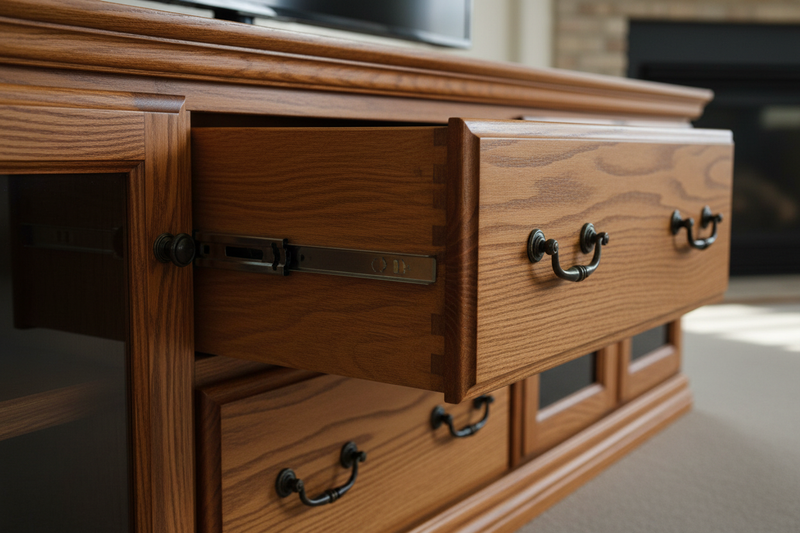 Traditional Oak 72" TV Stand - Full Extension Drawer Detail