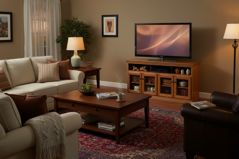 Traditional Oak TV Stand - Evening Ambiance