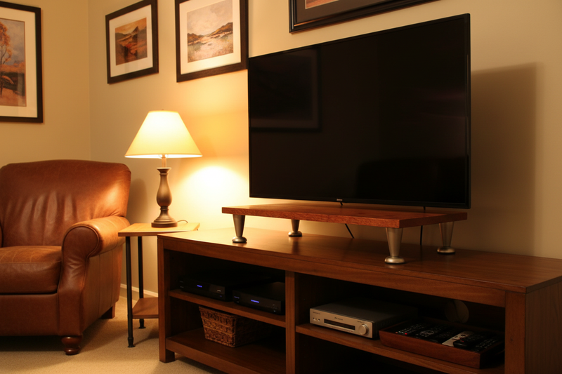 TV riser in cozy den